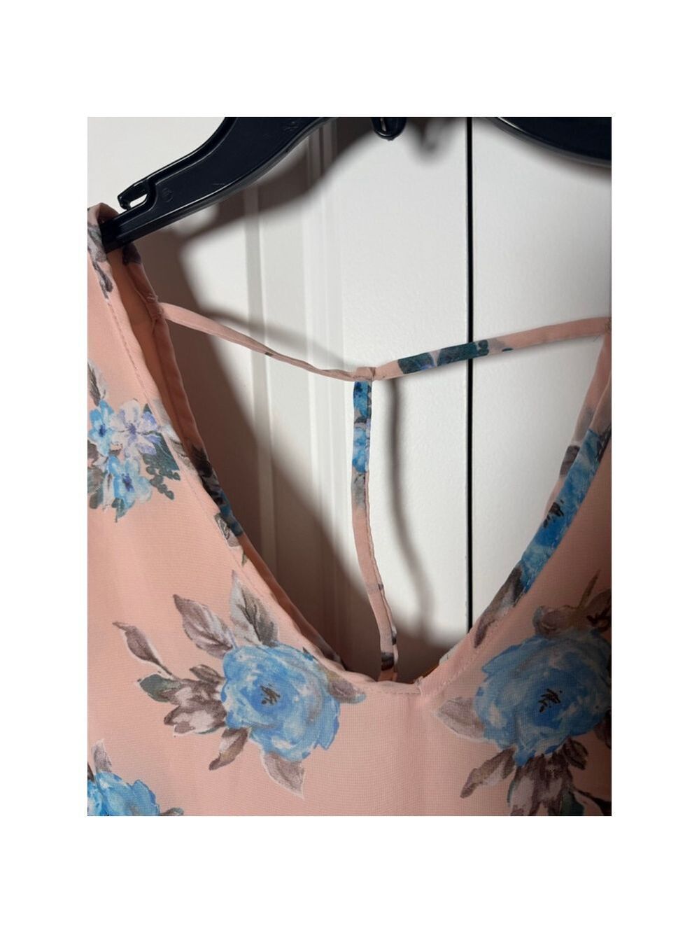 Pink Floral Blouse with Blue Flowers, Size L - Picture 7 of 8